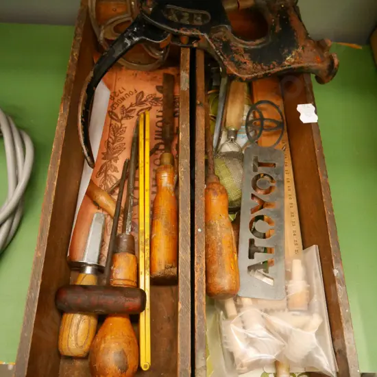 2 wooden sewing machine drawers and contents; screwdrivers, dome punch, chisel etc