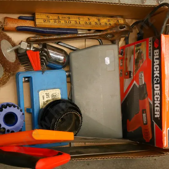 box; hand saws, Black and Decker heat gun, drill bits etc