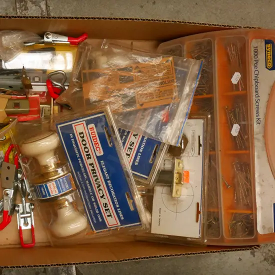 box; screws, door handles, matches etc