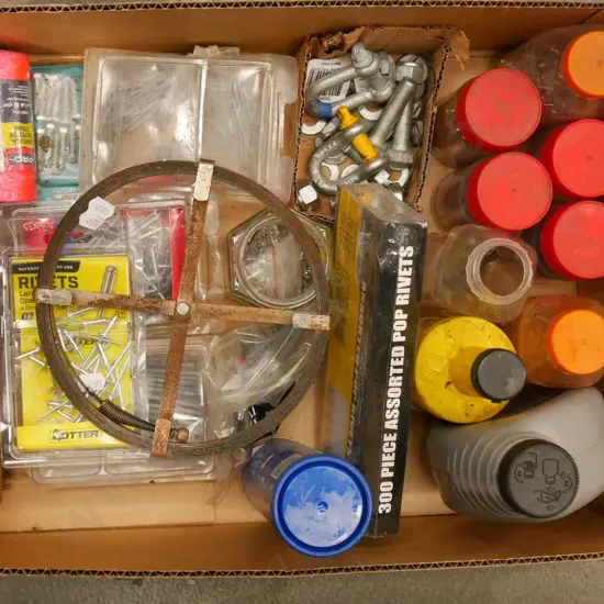 box; screws, D shackles, pot riveters etc