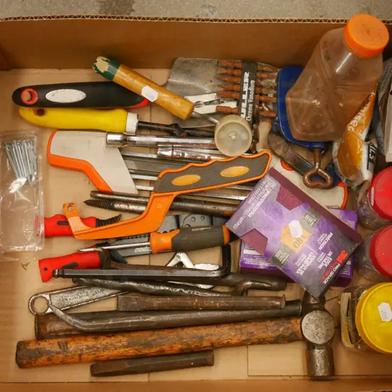 box; ball peen hammers, wire strippers, hammers etc