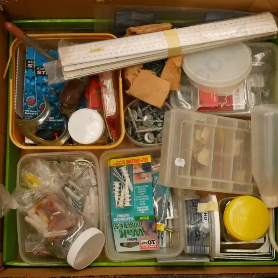 box; rulers, drill bits, shelf brackets etc