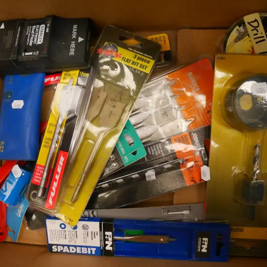 box of drill bits, stud finder
