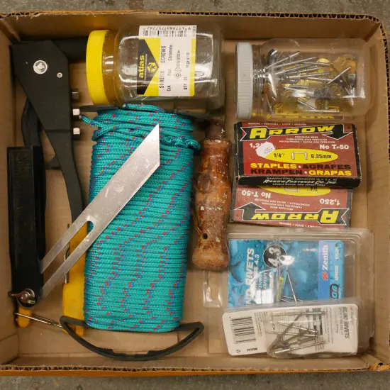 box; staples, angle finder, rope etc