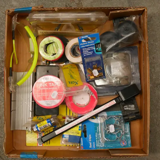 box; various tapes, tool clips, safety glasses etc