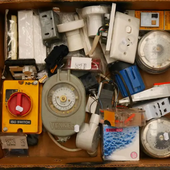 box of electrical: meters, light switches etc