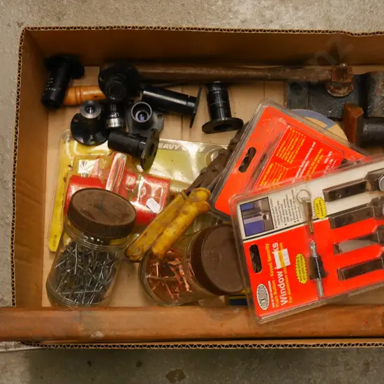 box; copper nails, window locks, wire, pipe clamps etc