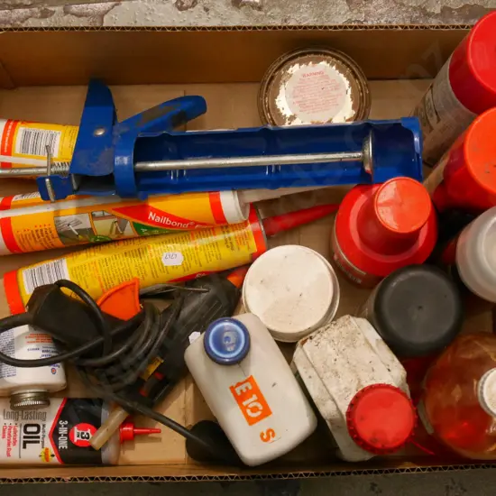 box; engine oils, glues, caulking gun etc
