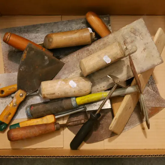 box; plaster's trough, garden tool, scrapers etc