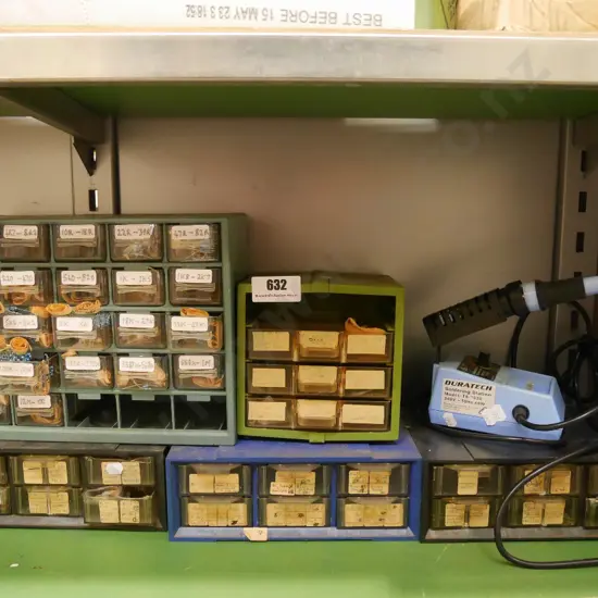numerous plastic drawers of various electronic diodes, electronic items, soldering iron