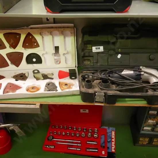 cased Renovator multi tool, box of sandpapers and blades