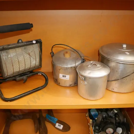 3 aluminium pails, halogen light