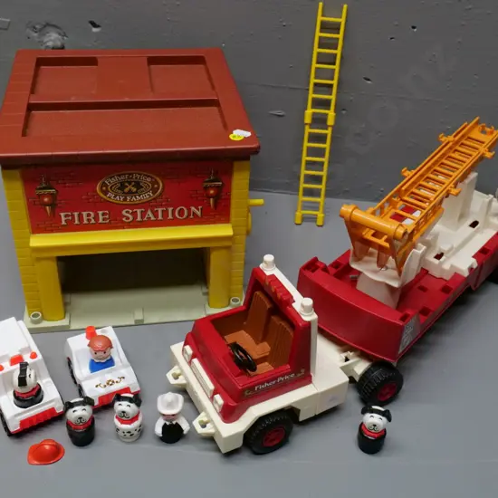 assorted Fisher-Price toys - fire station, fire truck and assorted figures and smaller vehicles. Fire truck H-200 L-500