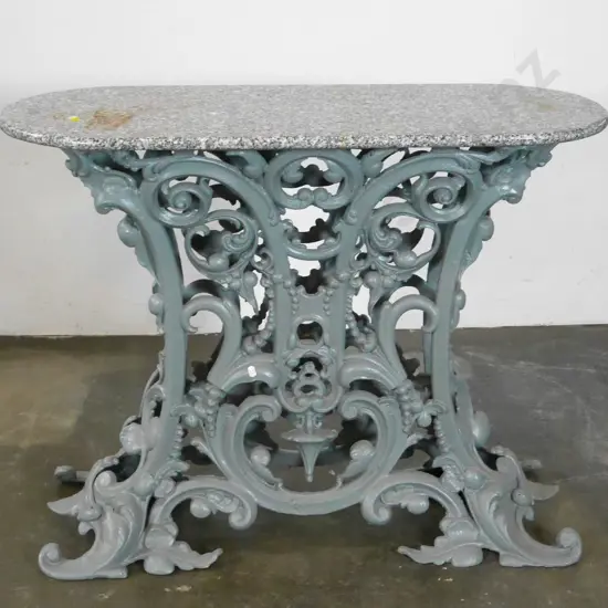 hall table made from vintage French ornate cast iron base, some staining to marble top H730 W930 D360