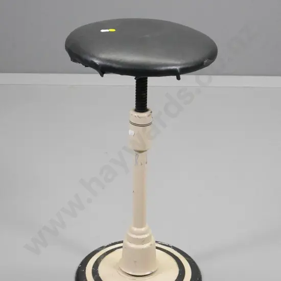 vintage painted metal dental / task stool with tilting spring base, reupholstered leather seat H-620 D-320