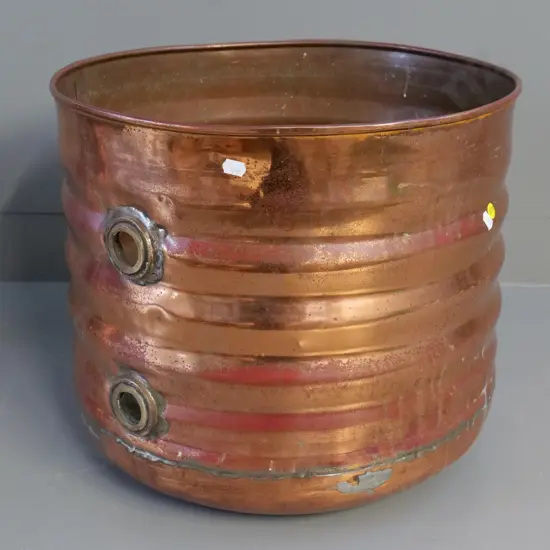 ribbed copper planter or wood bin with hose fitting holes in side and bottom H-380 Diameter 430