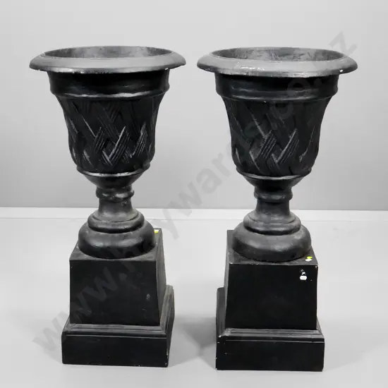 pair of black painted French cast iron lattice-pattern garden urns on square bases H870 Urn Diameter 410