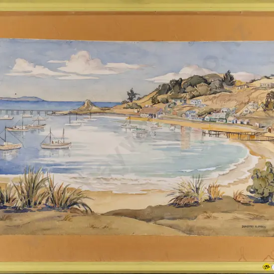 Dorothy Jones - framed watercolour "Moeraki North Otago" (needs reframing) H-390 w-580