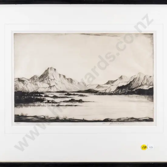 framed etching 19/75 - lake and mountain scene H-220 W-350