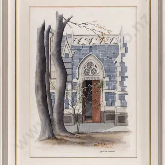 Yvonne Benson - framed watercolour "Rear Doorway, Knox Church, George Street, Dunedin (slight foxing) H-340 W-230