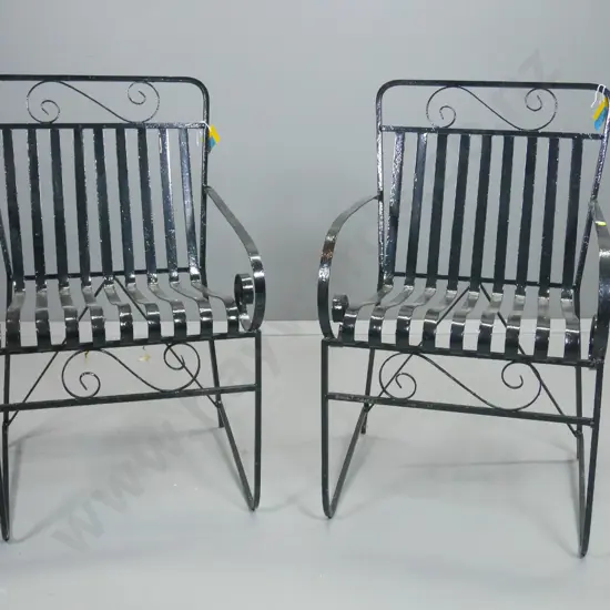 pair of antique wrought iron outdoor chairs with black gloss finish, minor chips H-850 W490 D530