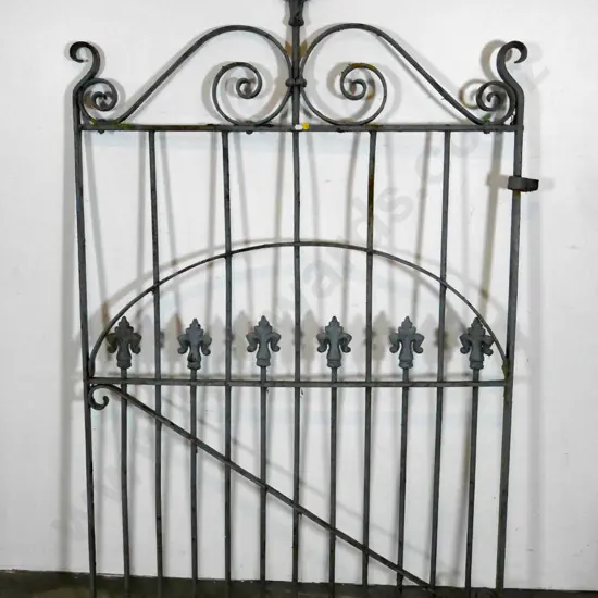 vintage cast iron gate with fleurs-de-lys motif - bend to one bar, corrosion, hinge and latch need repair H-1560 W-1020