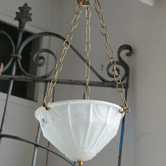 deco style frosted glass hanging light fitting with ceiling rose and chains Diameter 300