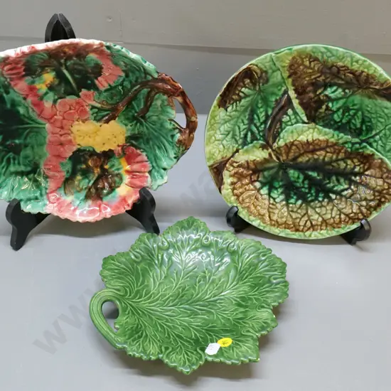3 Majolica plates - green leaf, begonia leaf, one hand-coloured, no maker's marks