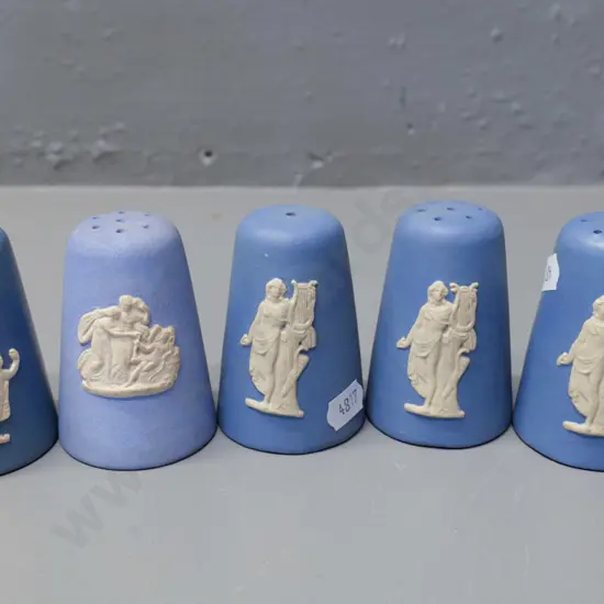 Temuka pottery jasperware - 5 salt or pepper shakers - one signed RS Lovatt - each H70