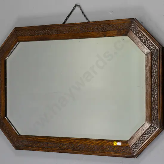 carved oak octagonal framed bevelled edge wall mirror H-530 W-810