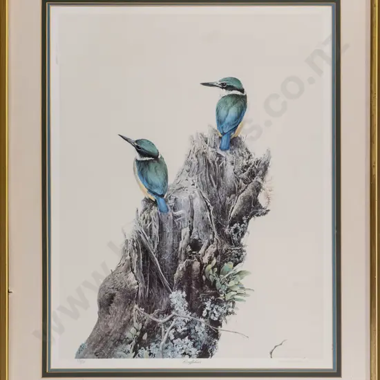 framed signed Raymond Ching ltd edition print 2/850 "Kingfishers" H-620 W-480 (slight damage to frame)