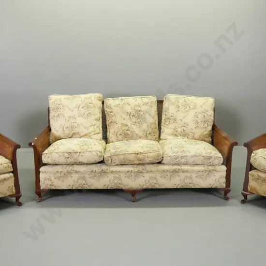 mahogany cab-leg bergere cane & floral tapestry lounge suite - 3 + 2 chairs - finish wear, stains, fading H800 W1850