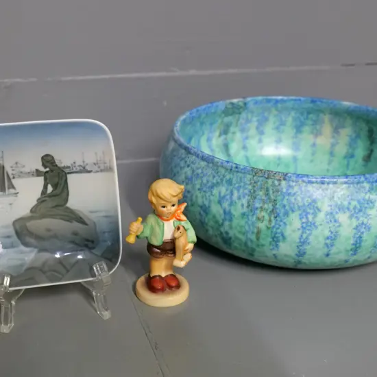 small Goebels figurine, Royal Copenhagen pin dish and an English fruit or salad bowl D-210