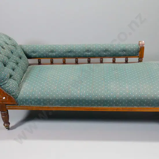 Edwardian chaise longue - deep button damask rolled end, porcelain casters, carved facings, some splts H750 L1900 D700