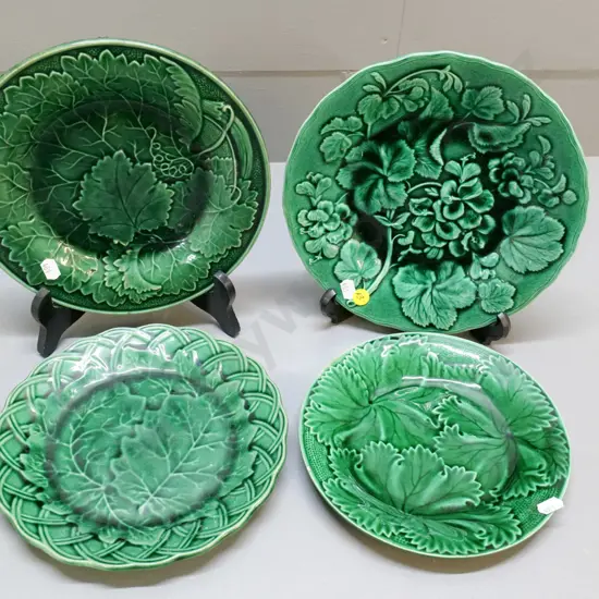 4 green Majolica leaf pattern plates - very old, marks hard to read, 2 have small chips on rim