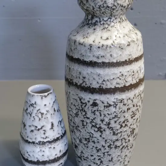 2 German pottery stipple glaze vases, smaller numbered 455, taller is H-310