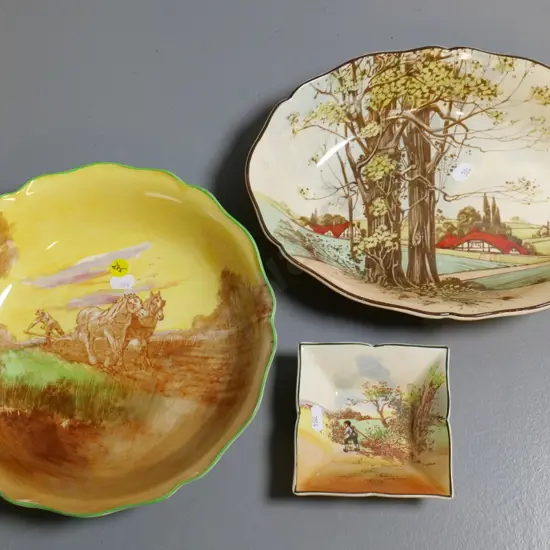 2 Royal Doulton bowls and small dish - rural or rustic scenes. Larger bowl D-240