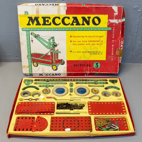 vintage Meccano set No. 3 in original box, wear and tear to box, may be missing some pieces