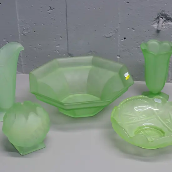5 pieces frosted green depression glass - 2 vases, 2 bowls and a jug - larger bowl D-260