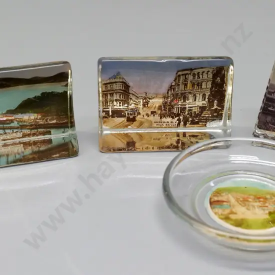 4 pieces Dunedin and Port Chalmers souvenir ware - dish and 3 glass ornaments, tallest H-70