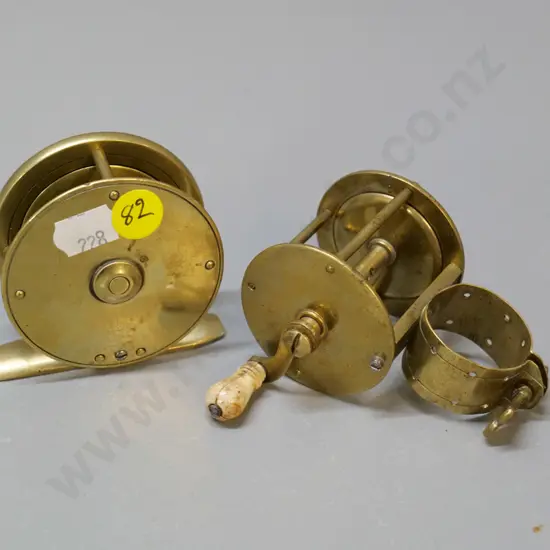 2 vintage small brass fishing reels with bone handles, no maker's marks, larger one D-70, engraved with initials AHMT