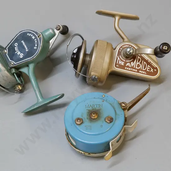 3 fishing reels - Young & Sons Ambidex, Martin D-75, and a Swiss-made Salmo