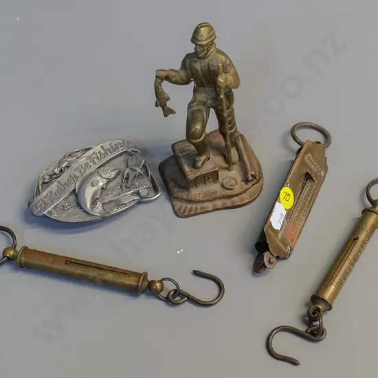 fly fishing items - 3 brass spring scales - Cocaco Germany & 2 Salter England - belt buckle & brass figure H130