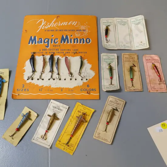 assorted vintage fishing lures on retail card backing - Magic Minnows, Magnet, Blitz, etc.