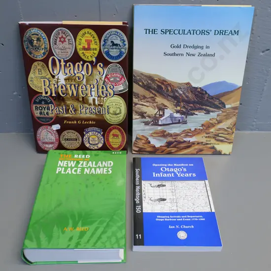 4 New Zealand history books - Otago's Breweries, Otago harbour, gold dredging, place names