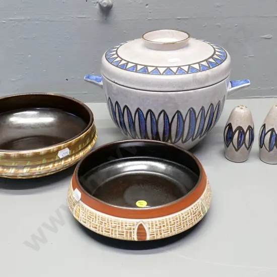 German pottery items - 2 shallow bowls and a lidded casserole D-200 with matching salt & pepper