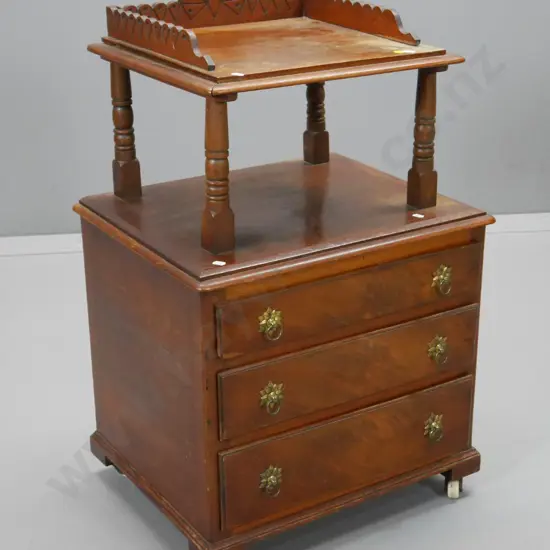 Victorian mahogany 3-drawer chest, top shelf, carved gallery, polish needs work, 1 caster needs work H840 W530 D410