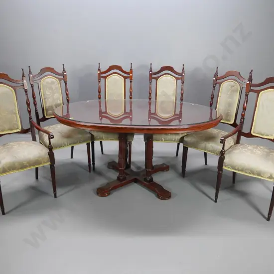 reproduction Queen Anne oval mahogany dining table with 6 high back upholstered chairs (some marks)