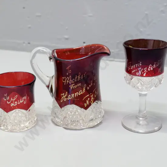 3 pieces of ruby and clear glass 1907 Exhibition souvenir ware - stemmed glass is H-105