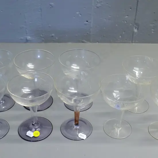9 etched hollow-stemmed champagne glasses - set of 6 plus 3 others, one has discolouration